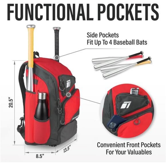 Baseball Bag - Backpack for Baseball, Softball, Tball - Adults & Youth Bat Bag - Picture 4 of 7
